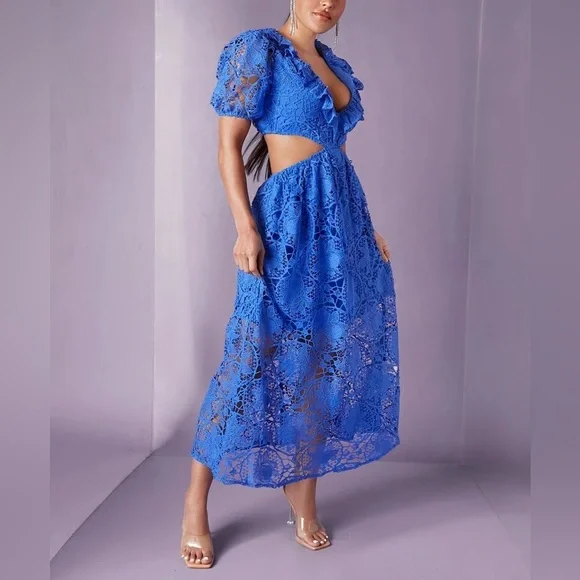 Ruffle Trim Cut Out Waist Lace Overlay Dress - Picture 4 of 8